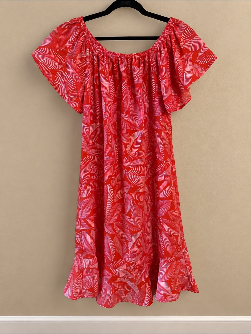 Merona Red and Pink Off-Shoulder Leaf Print Dress
